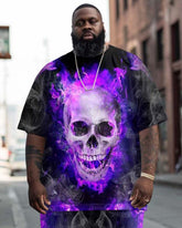 Big Guy's Street Fashion Purple Flame Skull Print T-Shirt Trousers Set